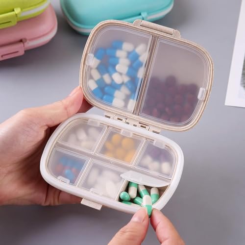 Image of ZIBUYU Travel Pill Box, Food Grade Wheat-straw Medicine Case 8-Compartment Medicine Storage Box with Divided Clear Lid, Secure Seal Pill Box for Tablets, Supplements, Vitamins (Beige)