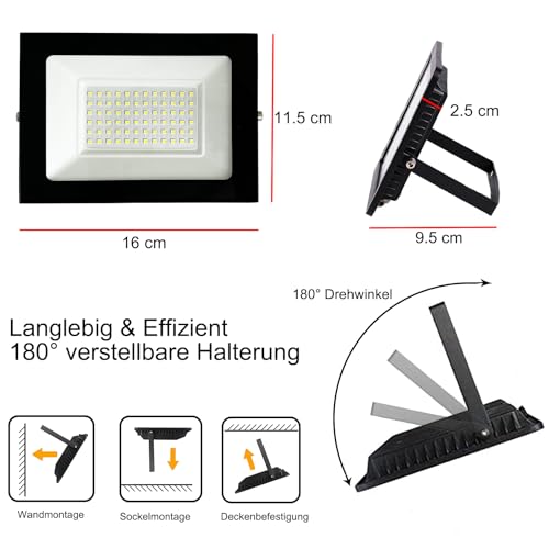 Meision Reflektor LED na zewnątrz, 50 W, reflektor LED z wtyczką, super jasny, aluminium, ciepła biel, 3000 K, IP66, wodoszczelny, zewnętrzny reflektor LED z kablem 3 m, do ogrodu, na podwórko, garaż,