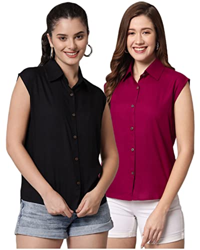 Image of FUNDAY FASHION Women's Rayon Blend Regular Fit Solid Casual Sleevesless Shirt (Pack of 2)