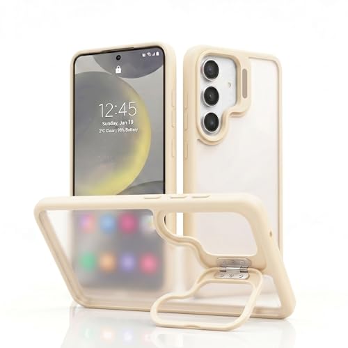 Image of amazon basics Frosted Matte Case for Samsung Galaxy S24 5G | Built-in Flip-Out Camera Lens Stand | Translucent Back with Contrast White Bumper | Shockproof Protective Cover with Foldable Kickstand