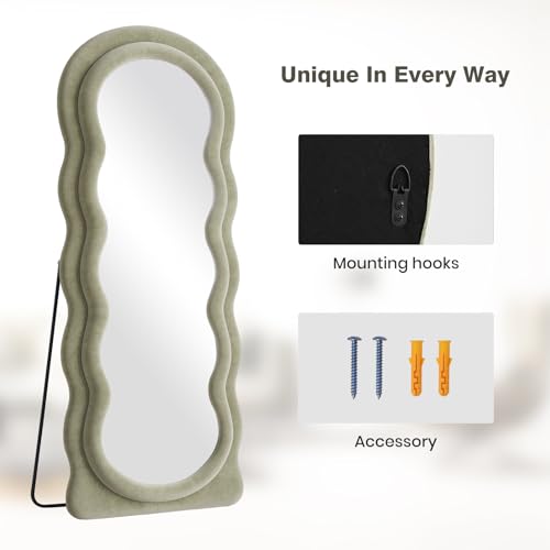 Full Length Mirror 63"x24" Arched Wavy Full Body Wall Mounted Floor Mirror with Stand Sage Flannel Frame Leaning Hanging Wall Mirror for Bedroom Entrance Hallway - Image 5