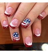 4th of July Press On Nails Short Square White French Fake Nails Press ons Nail Art Tip Nude Glue ...