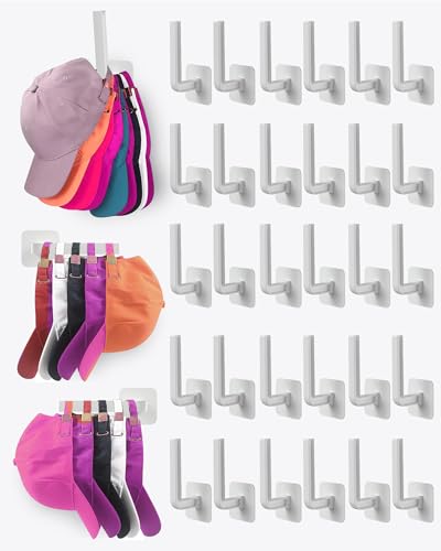 Hat Rack for Wall (30-Pack) Adhesive Hat Hooks, White