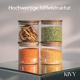 KIVY Riffel słoiki na zapasy z pokrywką – 4 x 600 ml – małe pojemniki na zapasy z pokrywką z drewna akacjowego – słoiki na zapasy szklane z pokrywką – słoiki do przechowywania z pokrywką