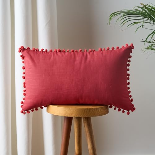Image of 100% Cotton Pom Pom Cushion Without Filler, Elegant & Modern Cushion Cover for Living Room, Rectangle, 12 inchx20 inch, uni slub, Set of 5 - Viva Magenta