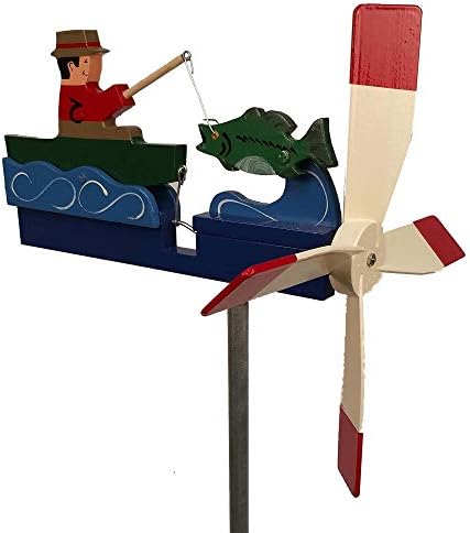 Natures Yard Bass Fisherman Whirligig Man Fishing Wind Spinner Handmade Made in USA