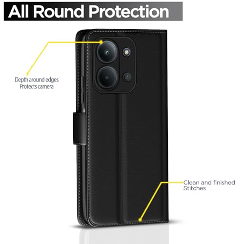 Image of Pikkme Flip Cover for Redmi 15C 5G Leather Finish | Inside TPU with Card Pockets | Wallet Stand and Shock Proof | Complete Protection Flip Case (Black)