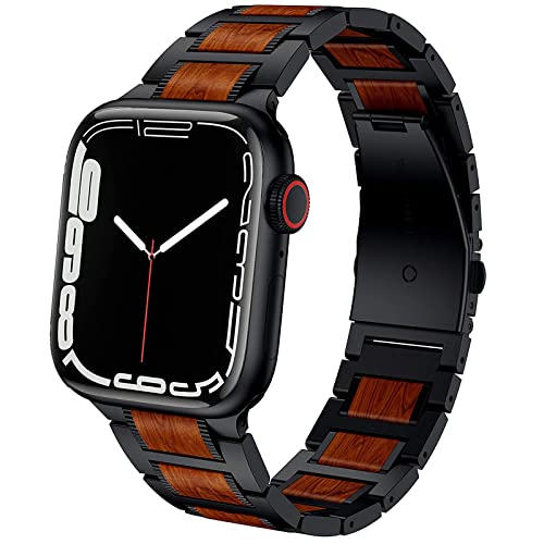 Miimall Compatible Apple Watch 45mm 42mm 44mm Band Natural Wood Genuine Red Sandalwood Stainless Steel Metal Bracelet Wristband Strap for Apple Watch Series 7/SE/6/5/4/3/2/1 (Black&Red Sandalwood)