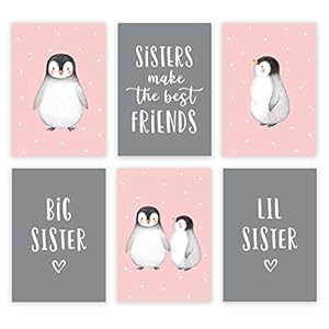 INKOLOGIE Sisters Girls Nursery Kids Room Hanging Wall Art Decor Poster Print, A4 Size 8.25 x 11.75-inch, Sisters Make the Best Friends, Big Sister, Lil Sister, Penguins, Pink, 6-Pack, No Frame