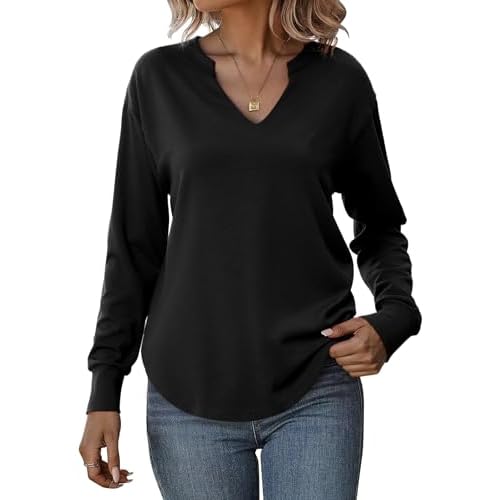 Totatuit Sweatshirts for Women V Neck Long Sleeve Shirts Loose Lightweight Curved Hem Casual Pullover Tops 2025 Fall Black Small