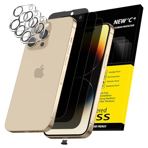 NEW'C 3x Privacy for iPhone 14 Pro Max Screen Protector (6.7 inches)+ 3x Camera Lens Protector, Sensor Protection, Tempered Glass Film + Dust Plug - Enhanced Privacy Angle of 28 Degrees