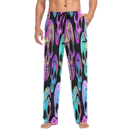 Qilmy Colorful Skull Men's Cotton Pajama Pants, Lightweight Lounge Sleepwear with Drawstring and Pocket