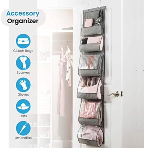ZOBER Premium Handbag Storage Organiser - 6 Easy Access Deep Pockets - Over The Door Hanging Wardrobe Storage with Durable Metal Hooks - Purse & Handbag Organiser Ideal for Umbrella/Accessories Etc