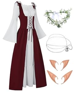 FOVER Renaissance Kostüm Gothic Kleidung Damen Mittelalter Renaissance Kleid Vintage Kleider Karneval Kostüm Piraten Cosplay Outfit mit Kopf Kette Blumenkranz Elfenohren Kniehohe Strümpfe FR059XL