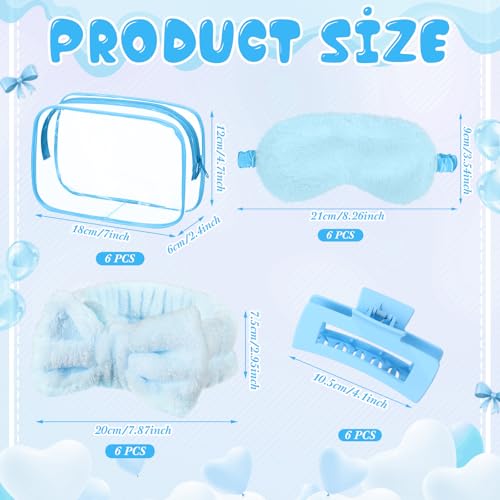 Wavyknot 30 Pcs Blue Spa Party Favors for Women Sleepover Party Supplies 6 Blue Bow Hairbands 6 Eye Masks 6 Hair Clips 6 Clear Cosmetic Bags 6 Glitter Cups for Spa Birthday Bachelorette Slumber Gifts - Thumbnail 3