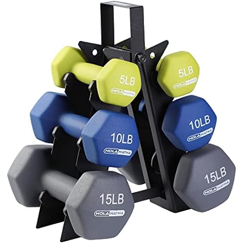 HolaHatha 1, 2 and 3 lb Neoprene Dumbbell Strength Training Weight Set with Rack