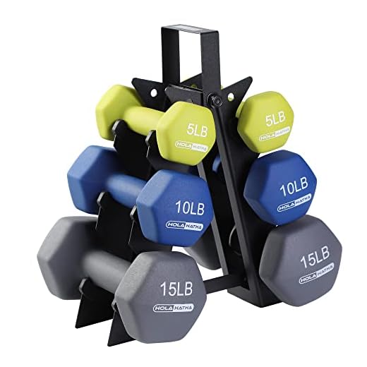 HolaHatha 5, 10, and 15 Pound Neoprene Dumbbell Free Hand Weight Set with Storage Rack, Ideal for Home Gym Exercises to Gain Tone and Definition