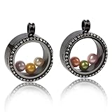 Africanbeads 2PCS 30MM Crystal Black Round Floating Charm Locket Necklace with 6 Freshwater Pearls,316L Stainless Steel Clear Glass Locket,Living Memory Pendant for Women(Without Chain)