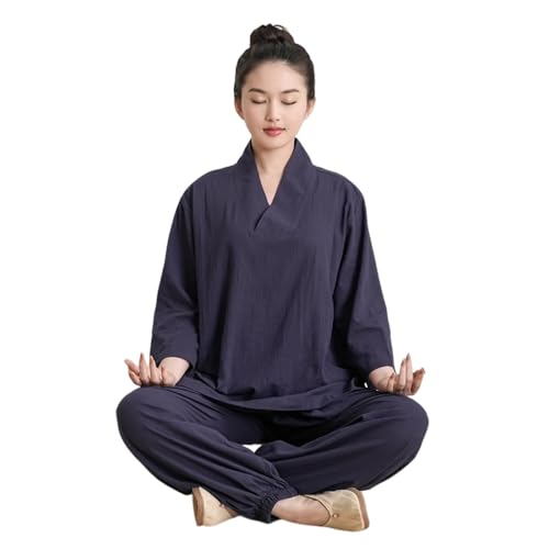RR-YRL Roupas de casa soltas de manga comprida, roupas de ioga de algodão e linho, Azul marino, GG