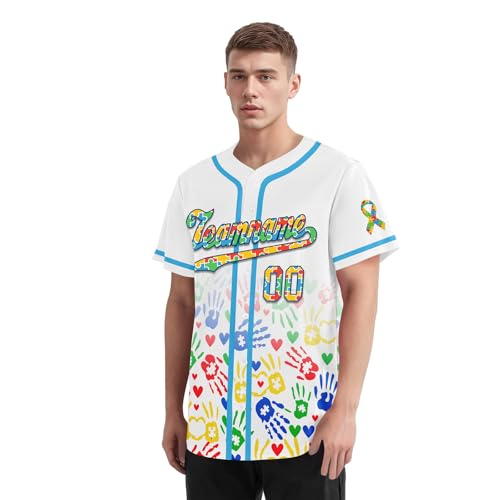Camiseta de béisbol personalizada con conciencia sobre el autismo para adultos y jóvenes, diseño de piezas de rompecabezas, camisa de equipo de sóftbol con botones miniatura 5