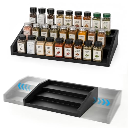 3-Tier Expandable Spice Rack Organizer, 12.8-22.6 in, Black | Adjustable, Countertop Stepped wood & iron Seasoning Organizer, Shelf for kitchen Cabinet Pantry Jars Bottles Syrup