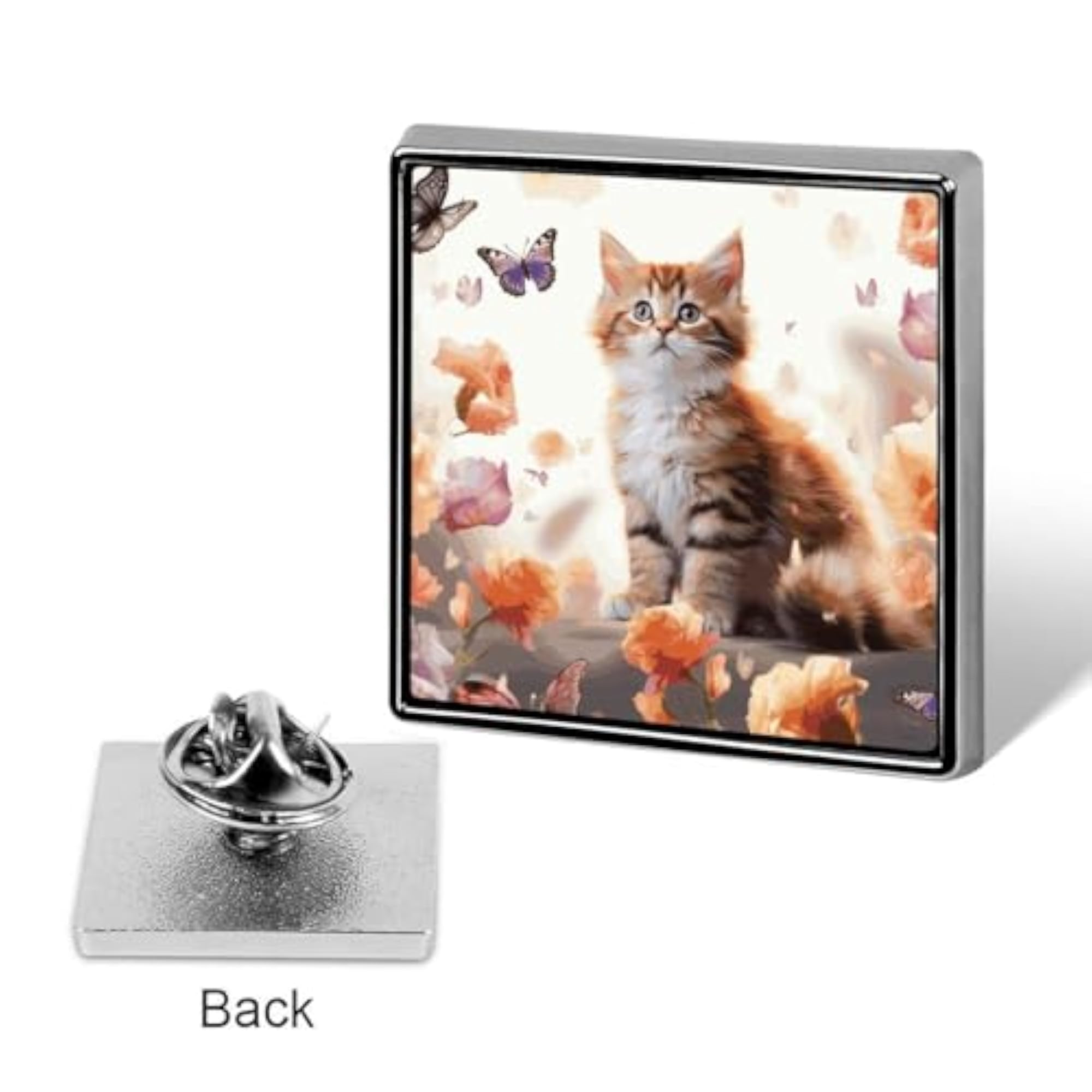 Square Lapel Pins, Cute Kitten Butterfly Design
