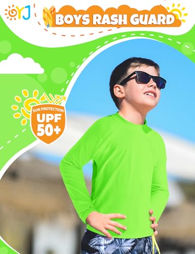 Boys Rash Guard Long Sleeve Swim Shirt Sun Shirts for Kids UPF+ 50 Toddler Rashguard for Boys Quick Dry Swim Top Swim Wear for Surfing Swimming Lightweight Rash Guard Youth 10-12Y Neon green-932