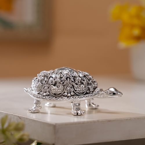Image of Svastika Silver-Plated Ashtalakshmi Kurma Tortoise | 3.5 Inch Vastu Idol with 8 Lakshmi Avatars for Wealth & Prosperity | Spiritual Home Decor
