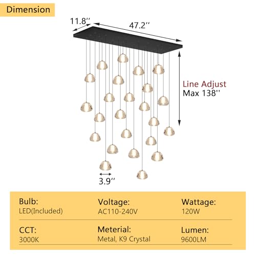 Image of 24-Lights Modern Rectangular Crystal Chandelier LED Raindrop Ceiling Pendant Light Crystal Lighting Fixture for Living Room Hotel Staircase Hallway Foyer Entryway Bedroom Black