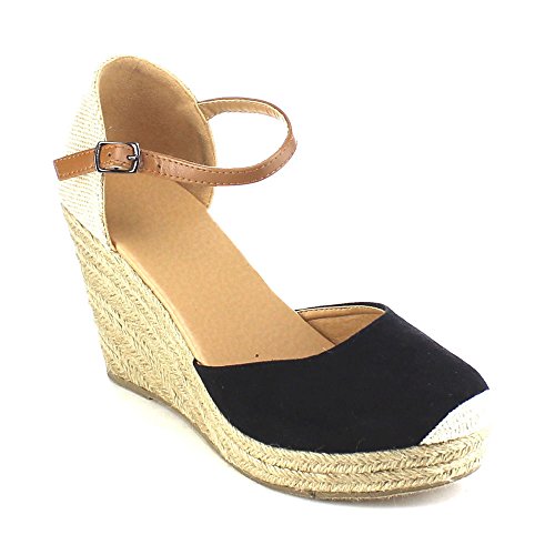 BESTON AB01 Women's Espadrille Platform Wedge Sandals(Tight Front Toe), Color:Black, Size:8.5