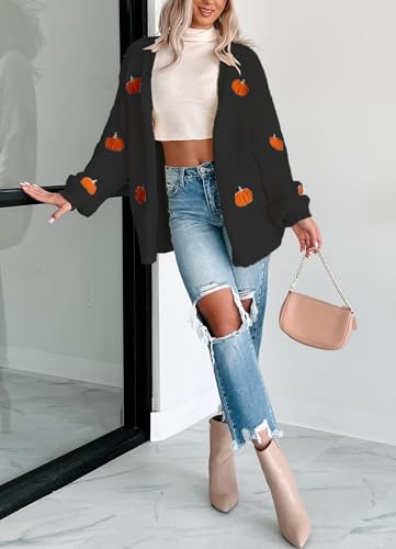 Image of Women Holiday Sequin Cardigans Funny Graphic Button Embroidered Sweaters Cute Open Front Knit Long Sleeve Coat Tops