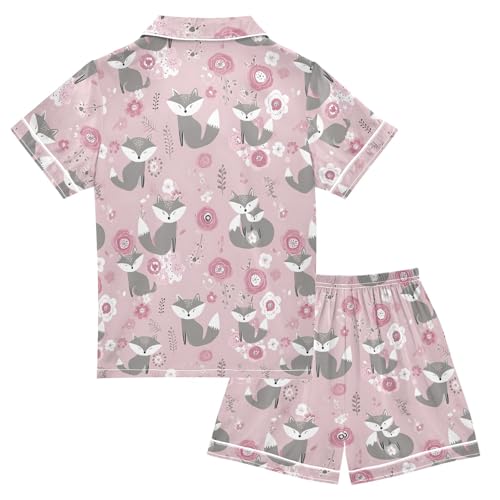 Grey Fox Pattern Summer Satin Pajama Set, Cute Button-Down Sleepwear Pj Set for Sleep Wears2