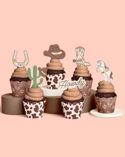 xo, Fetti Western Cupcake Liners + Toppers - Set of 24 | Rodeo Birthday Cake Decoration, Hoedown Bachelorette Food Accessory, Kids Party Supplies