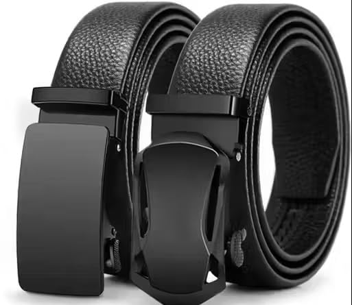 hapani fashion Men’s Dual Pack Automatic Ratchet Leather Belts with Two Distinct Buckle Styles for Office Casual and Formal Use Black-picture-13