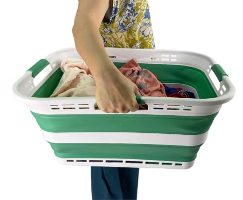 Image of SAMMART Set of 2 Collapsible Plastic Storage Basket - Foldable Pop Up Storage Container - Portable Laundry Organizer - Space Saving Hamper (White /Winter Green, 42L (Style A))