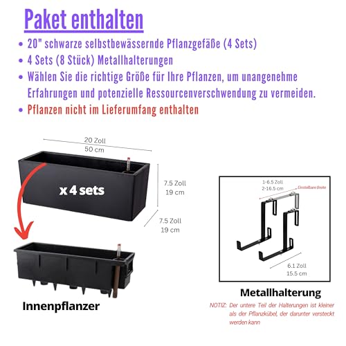 LaLaGreen Geländer-Pflanzkasten (4 Stück, 50,8 cm), schwarz, rechteckig, Fenster-Blumenkästen mit Halterung, Selbstbewässerungssystem, Hängepflanzkasten für den Außenbereich, Pflanzkübel für den