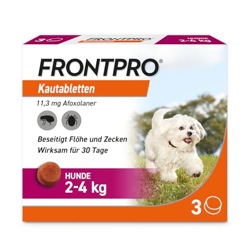 FRONTPRO Kautabletten für Hunde 2-4kg gegen Zecken und Flöhe mit Zeckenzange: Schutz für 30 Tage