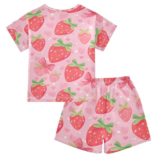 ALAZA Strawberry Love Heart Fruit Bow Pajamas Short Sleeve 2 Piece Sleepwear Top and Bottom Pajama Set Unisex2