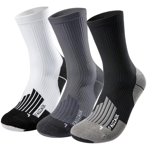 Fauzauk Crew Laufsocken Herren Damen 3er Pack Sportsocken & Kompressionssocken mit Dämpfung Anti-Blasen Wandersocken für Laufen Radfahren Training 43-46