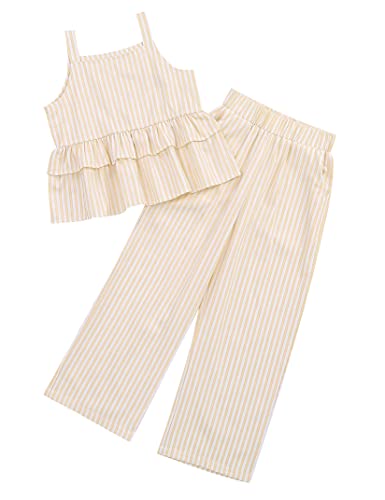 Image of Girl's 2 Piece Striped Outfits Cami Top Wide Leg Pants Ruffle Hem Summer Clothes with 2 Pockets 3-14Y