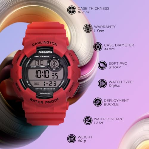Image of Carlington Kids Digital Watch for Boys and Girls Age 3 to 14 Years Multicoloured Band with Alarm and Date Display - 9121