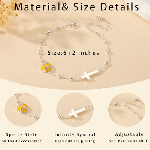 Image of Softball /Volleyball /Soccer /Basketball Football Bracelet for Girls Women, 14K Gold Plated Cross Link Chain Sport Accessories Christian Jewelry Gifts for Teens Team Coach Players