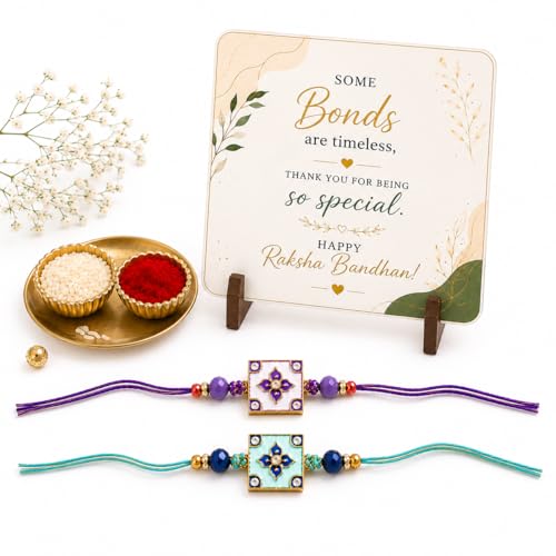 Image of JAIPUR ACE Raksha Bandhan Rakhi Gift Combo with Designer Rakhi, Puja Thali, 2 Katori Bowls, Roli Kumkum & Greeting Card for Brother, Bhai, Bhaiya | Complete Celebration Set