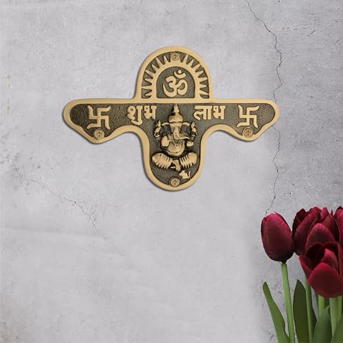 Image of DEVDECOR, Brass Shubh Labh Wall Hanging with Lord Ganesha Idol - 6.4 inch Decorative Hindu Door /Entrance Plaque with Om & Swastik Symbols for Home Temple & Vastu