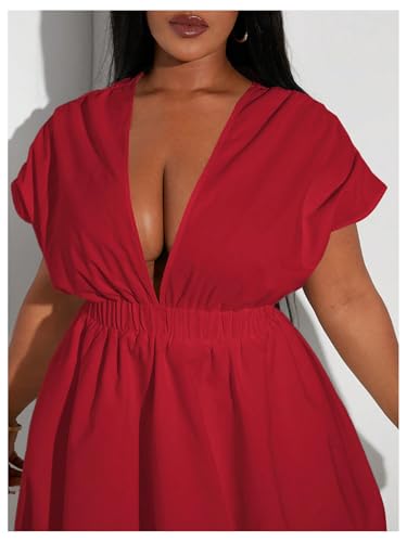 Image of WDIRARA Women's Plus Size Deep V Neck Bubble Dress Short Sleeve A Line Mini Dresses