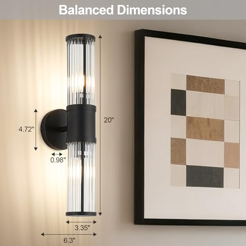Image of 19.69 inch Modern Bathroom Wall Sconce Light Fixture, Black Glass Rod Vanity Light with E12 Base, Up or Down Mounting for Mirror Makeup Lighting (Bulbs Not Included)