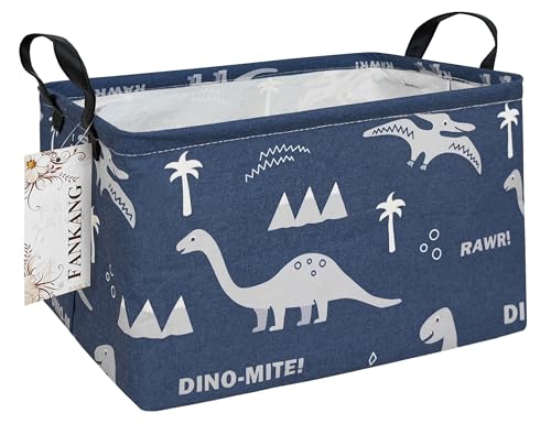 Image of FANKANG Storage Bins, Nursery Hamper Canvas Laundry Basket Foldable with Waterproof PE Coating Large Storage Baskets for Kids Boys and Girls, Office, Bedroom, Clothes,Toys(Rec-Blue dinosaur）