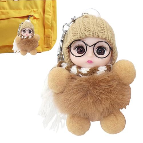 Labubo docka nyckelring med ansikte – mjuk docka nyckelring bär glasögon | labubo i energi | imitation kanin hårmaterial härliga ögon Dol hänge prydnad bär glasögon halsduk hatt hatt, Khaki