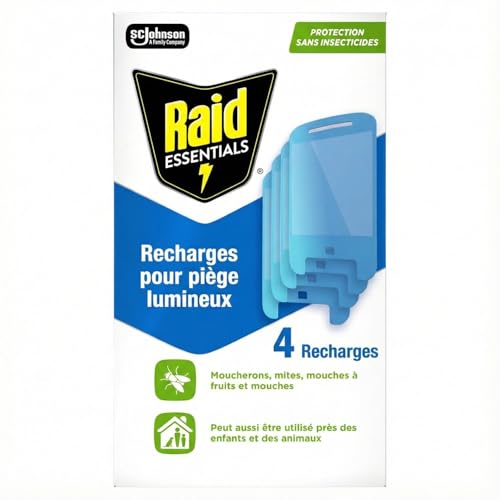 Raid Essentials Recharges Piège Lumineux Anti-mouches, Moucherons et Mites – Protection 24h/24 – Sans Insecticides - Utilisable en Présence d’Enfants...