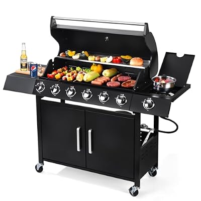 RYHOFOUD 6-Burner w/Side Burner Gas Grill with 403 SQ.IN. Outdoor Grill with 60,000 BTU,Propane Grills with Top Cover Lid,Grills Outdoor Cooking for Patios,Camping,Balcony-Q032